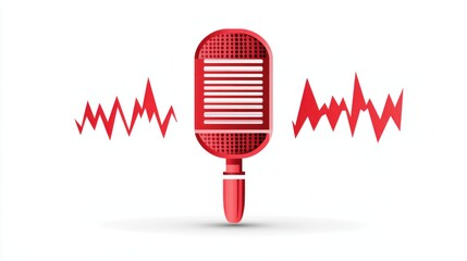 A bold, flat voice icon with a vibrant red microphone and sound waves, isolated on a white background.