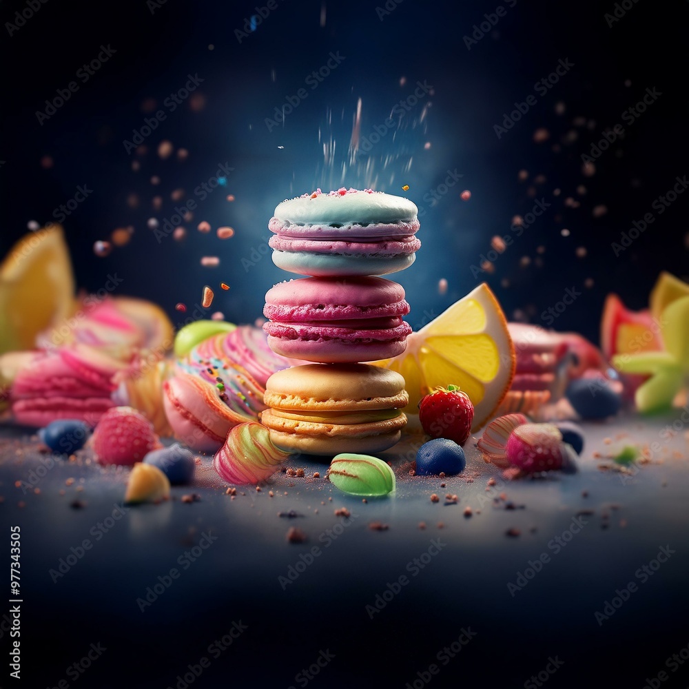 Poster a stack of colorful macarons sits on a dark blue surface, surrounded by scattered candies, fruits an