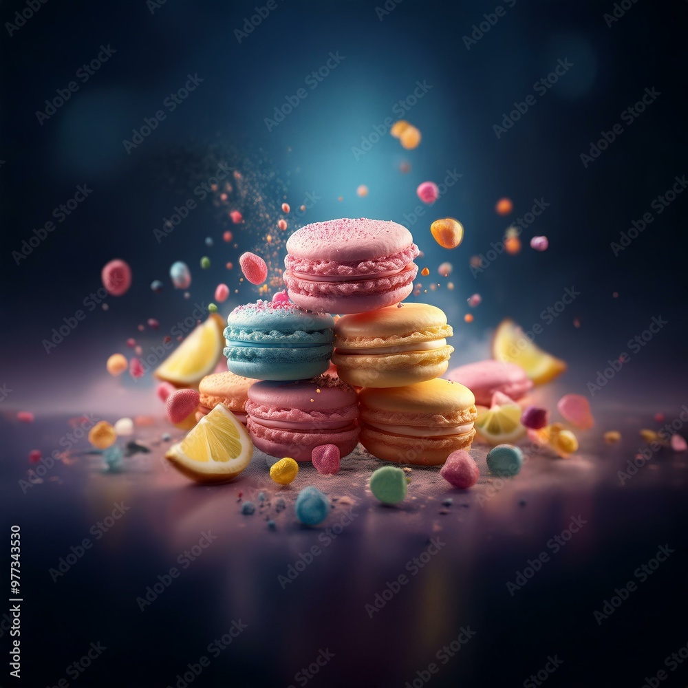 Poster a stack of colorful macarons with scattered lemon slices and candies, against a dark blue background
