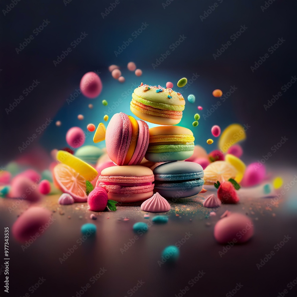 Poster colorful macarons and other sweets are scattered on a table with a dark background.