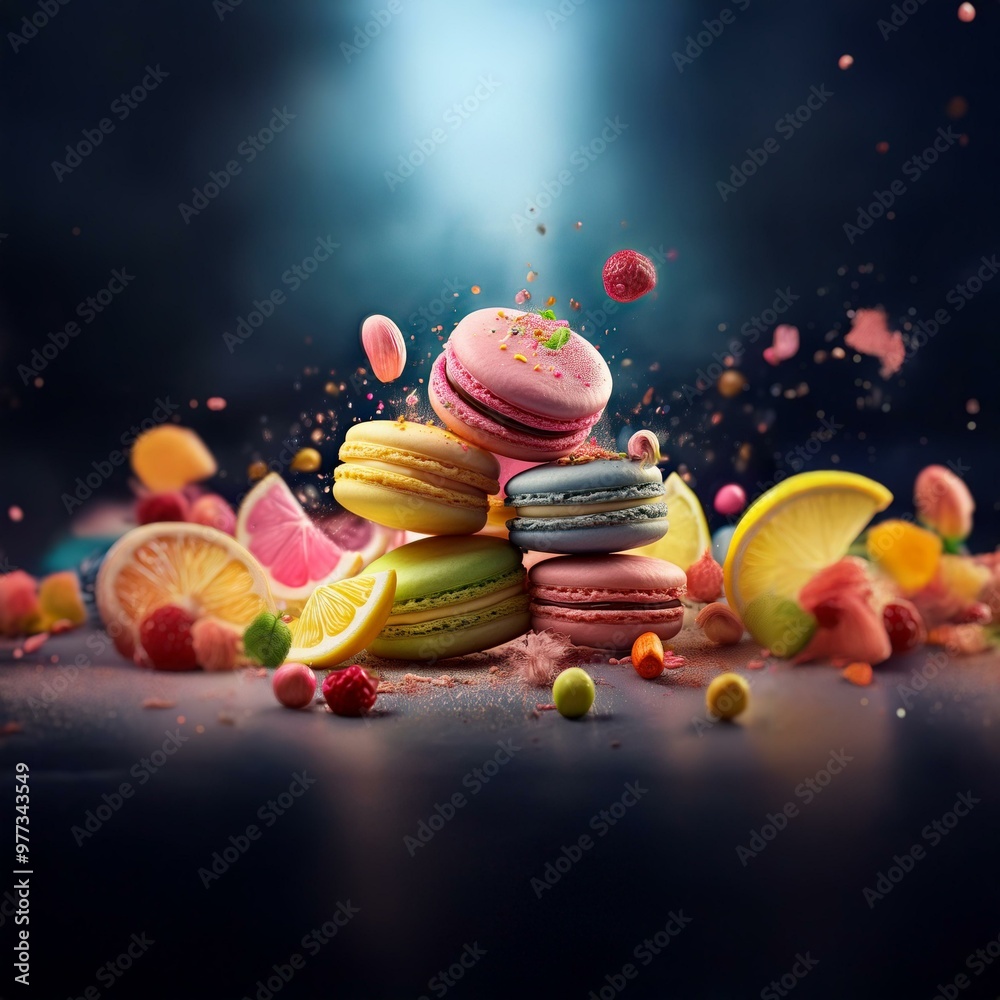 Poster colorful macarons stacked on a table with fruit and candy flying around them.