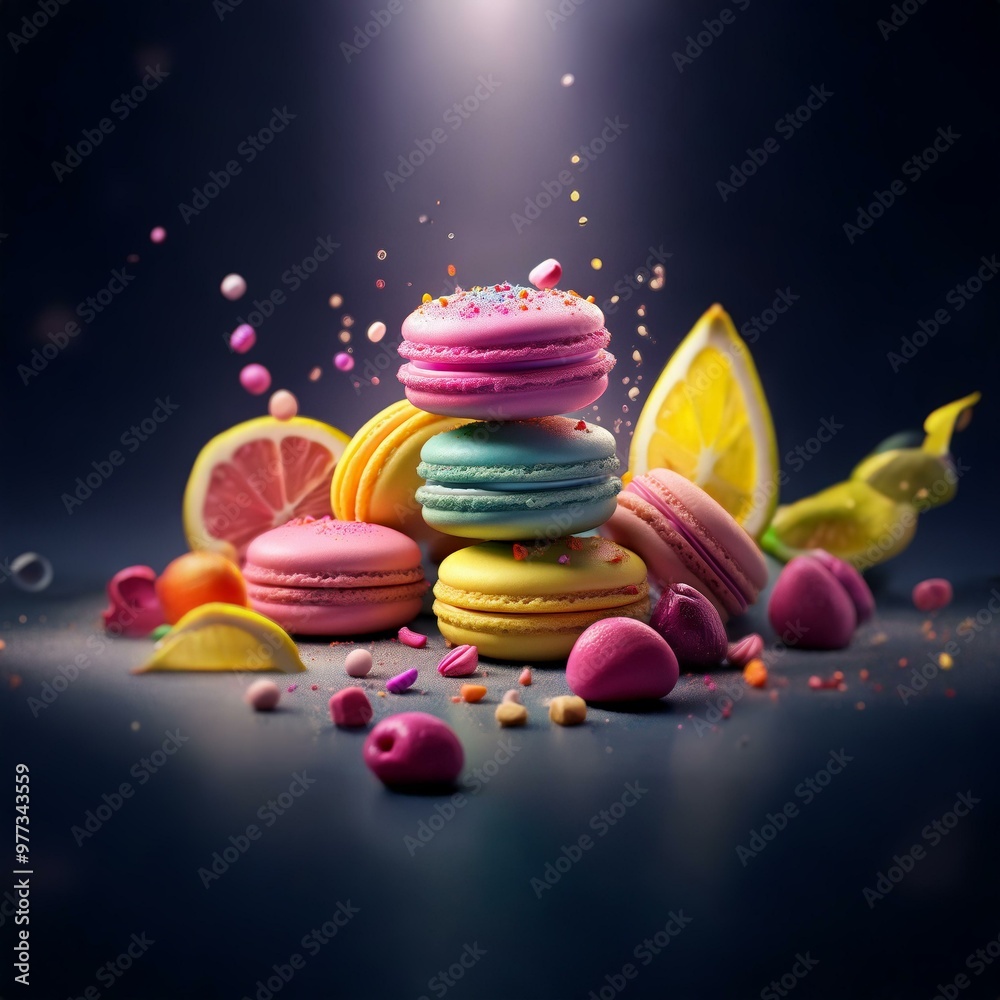 Aufkleber a stack of colorful macarons with sprinkles, lemon slices, and other decorative elements on a dark s