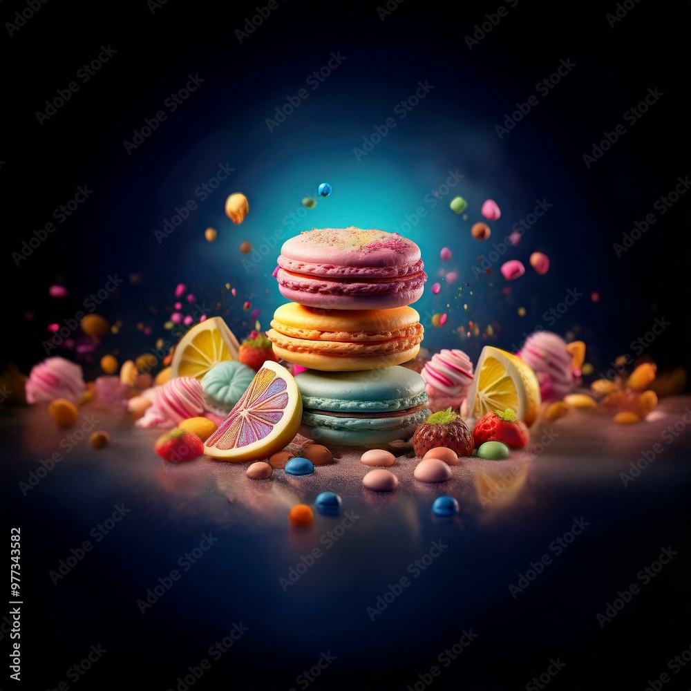 Poster colorful macarons stacked on a blue background with a scattering of candy and fruit.