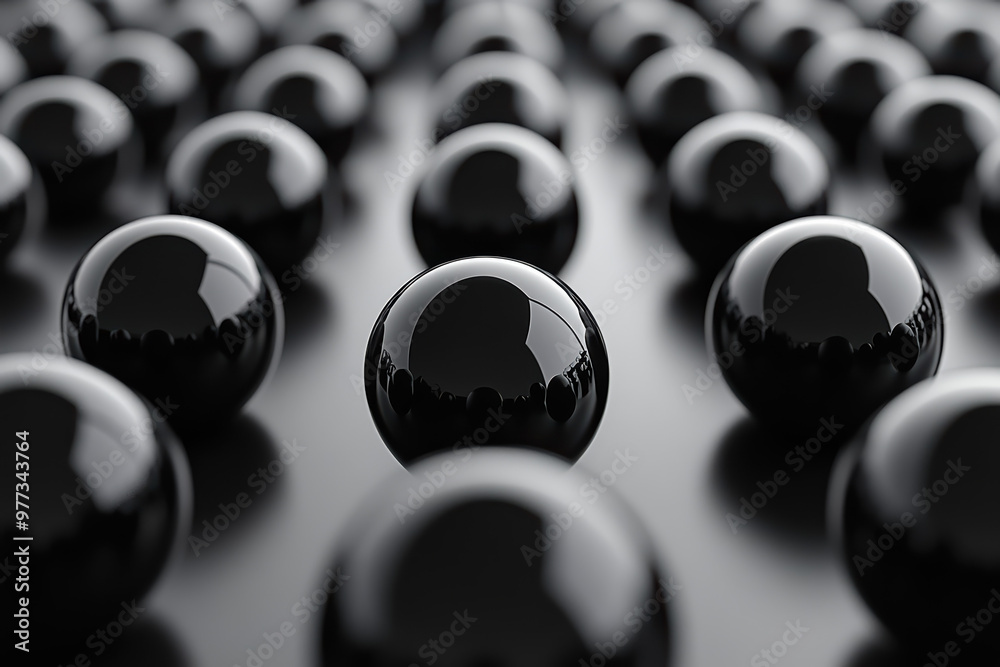 Poster close-up of glossy black spheres in a grid pattern, reflecting light on a smooth surface, creating a