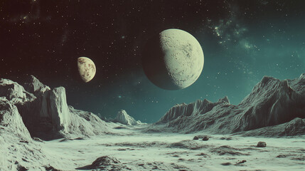  Alien moonscape with stars and planets in the night sky. A fantastical alien landscape under a starry sky, with two moons hovering above jagged, rocky terrain. This science-fiction scene evokes myste