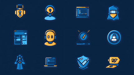 Collection of professional icons representing various cybersecurity job roles like network security, ethical hacking, malware analysis, and system auditing 