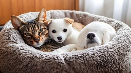 Cat and Dog in a Pet Bed: A cat and dog cuddled up in a plush pet bed, enjoying a peaceful nap.
