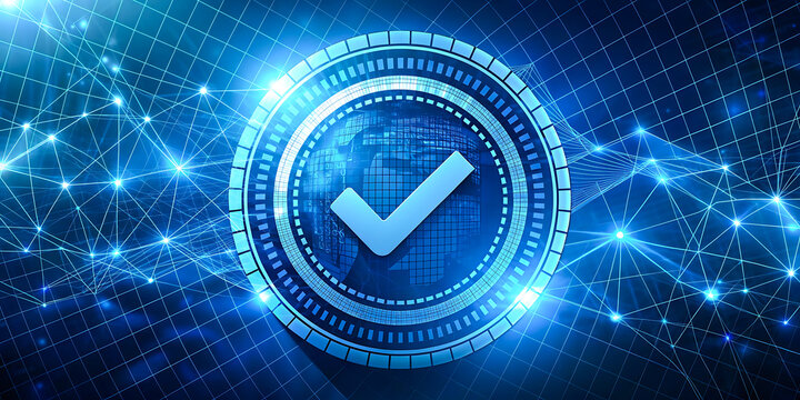 3d rendering abstract blue fractal light background. Businessman holds pie chart of business investment. Digital guarantee checkmark business checking quality.