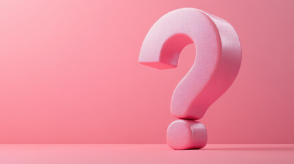 A large, glittery pink question mark standing upright against a vibrant pink background, casting a soft shadow. Symbolizes curiosity and inquiry.