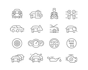 Icon collection containing 16 editable stroke icons. Perfect for logos, stats and infographics. Edit the thickness of the line in Adobe Illustrator (or any vector capable app).