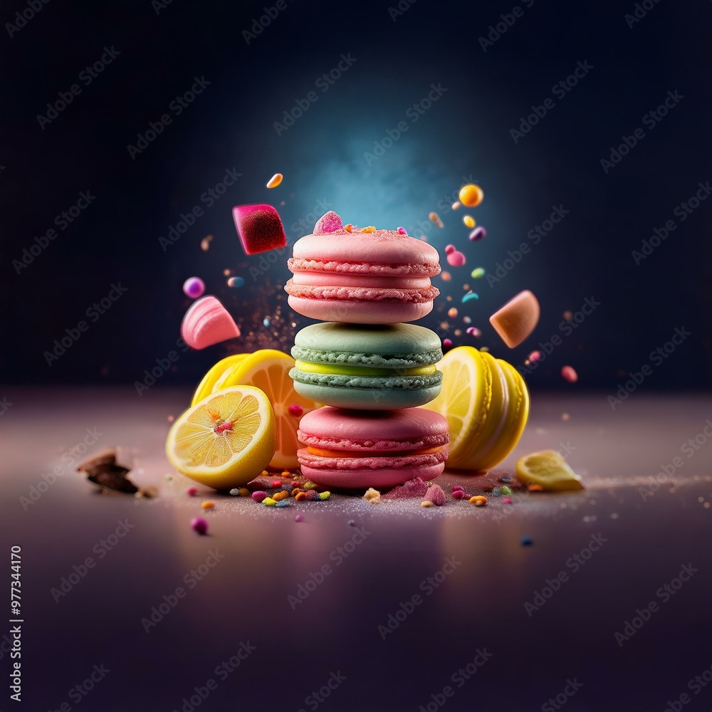 Poster A stack of colorful macarons with lemon slices and sprinkles scattered around.