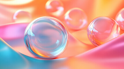 Colorful glass spheres resting on a vibrant, silky surface with a gradient of warm and cool hues, creating a dreamy and abstract visual effect.