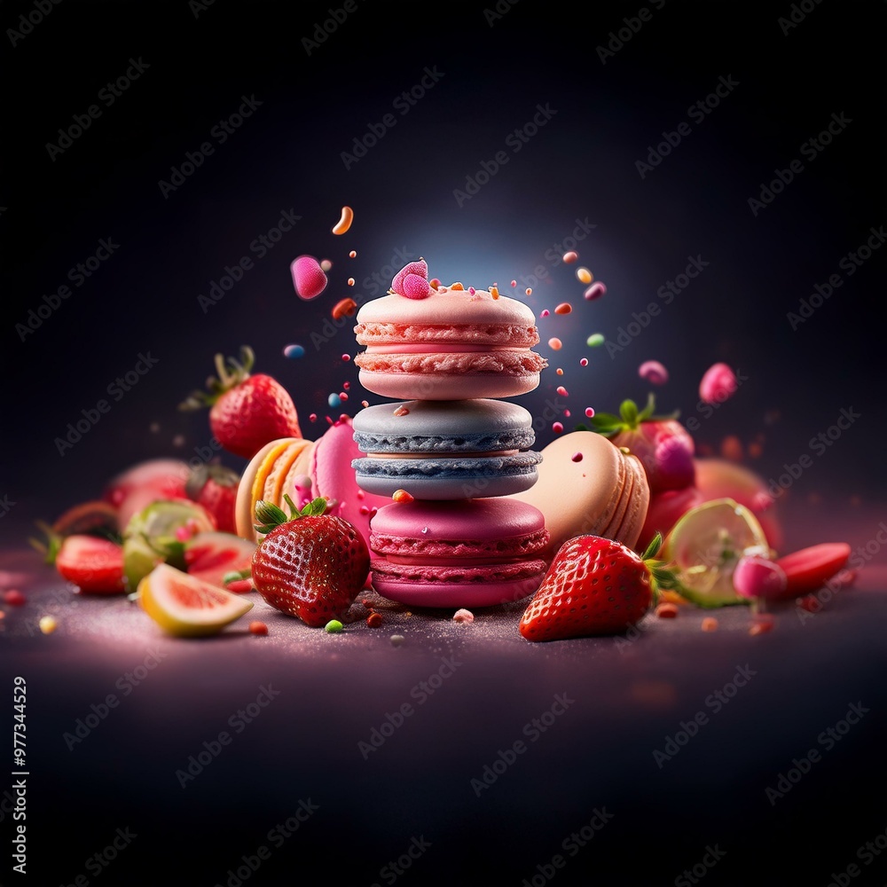 Poster stack of macarons with fresh fruit scattered around.