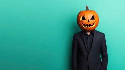 A stylish man wearing a pumpkin as a head poses against a vibrant turquoise background, adding a playful twist to Halloween.