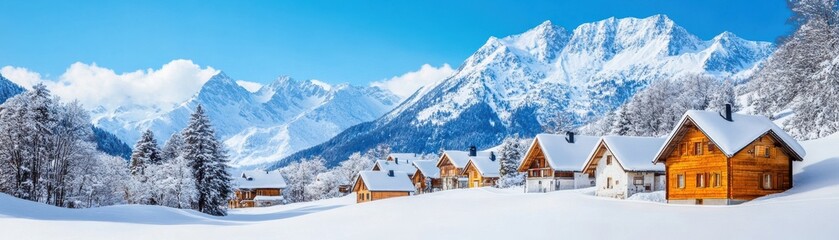 A stunning winter landscape featuring snowy mountains and cozy wooden cabins under a bright blue sky.