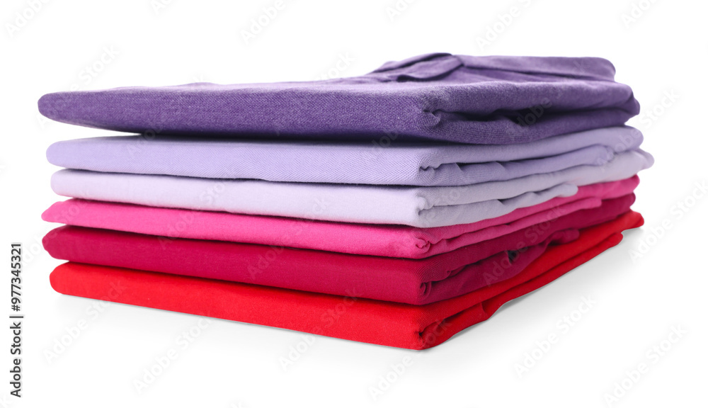 Canvas Prints Stack of clean colorful t-shirts isolated on white