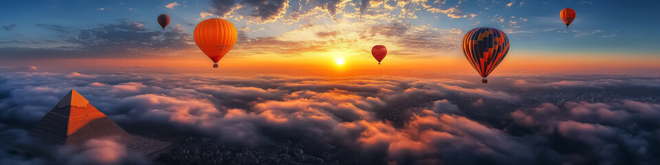 A breathtaking sunrise with hot air balloons over clouds and a pyramid, perfect for travel and adventure themed designs. Good for Wall Art, Poster Print, Wallpaper & Background