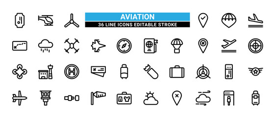 36 Aviation Line Icons Set Pack Editable Stroke Vector Illustration.