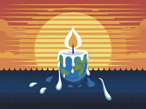 image depicts Earth as candle, slowly melting under vibrant sunset, symbolizing environmental concerns and fragility of our planet - Powered by Adobe