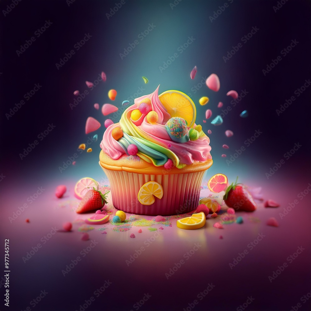 Poster A colorful cupcake with rainbow frosting, topped with a lemon slice and candy, is surrounded by sprinkles and fruit, creating a vibrant and playful scene.