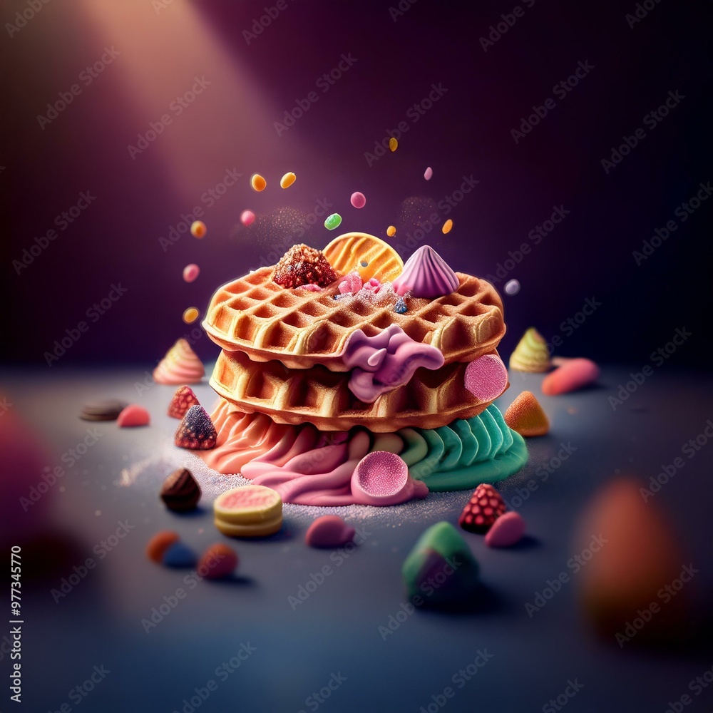 Poster A stack of waffles with colorful toppings and candy scattered around it.