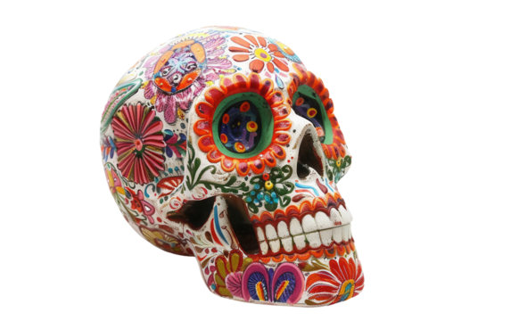Colorful Day of the Dead Skull Candle Holder with Detailed Patterns Isolated on Transparent Background PNG.