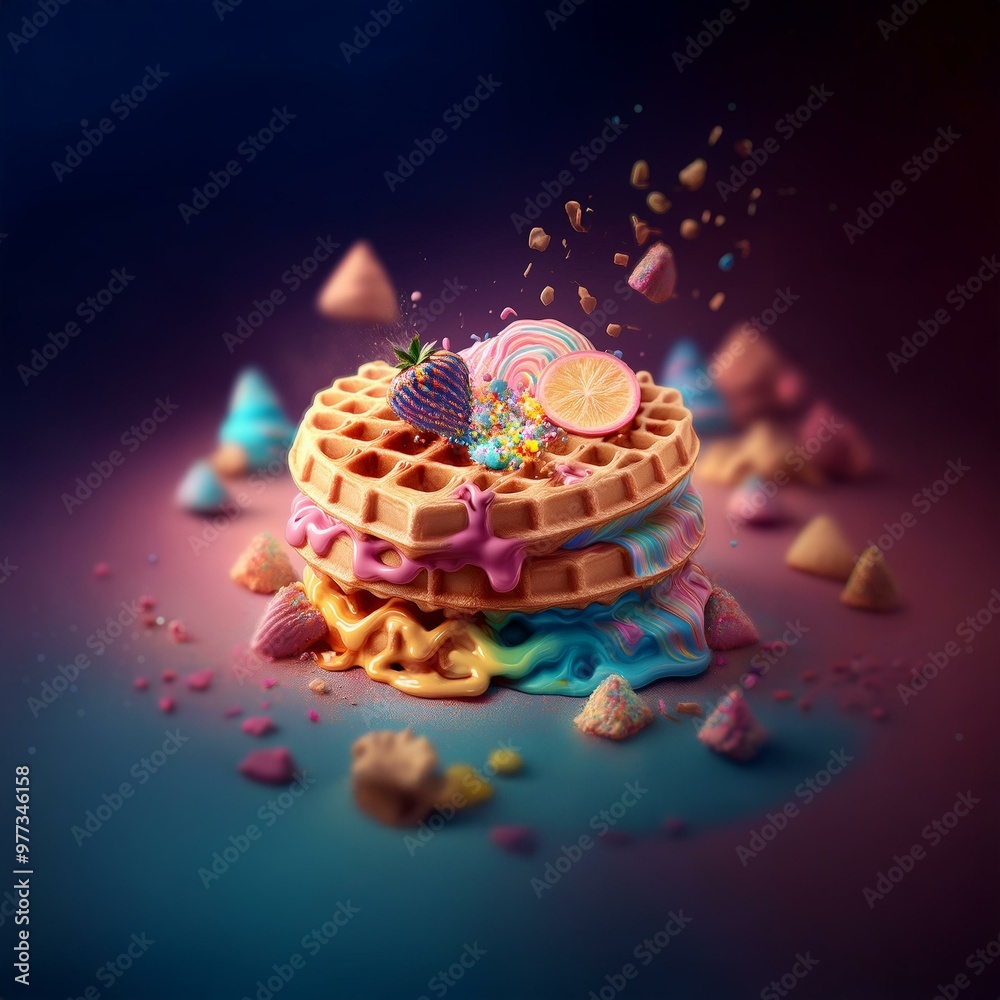 Poster A stack of waffles topped with a swirl of pink and blue icing, a strawberry, and a lemon slice, with sprinkles and other colorful pieces flying around it.