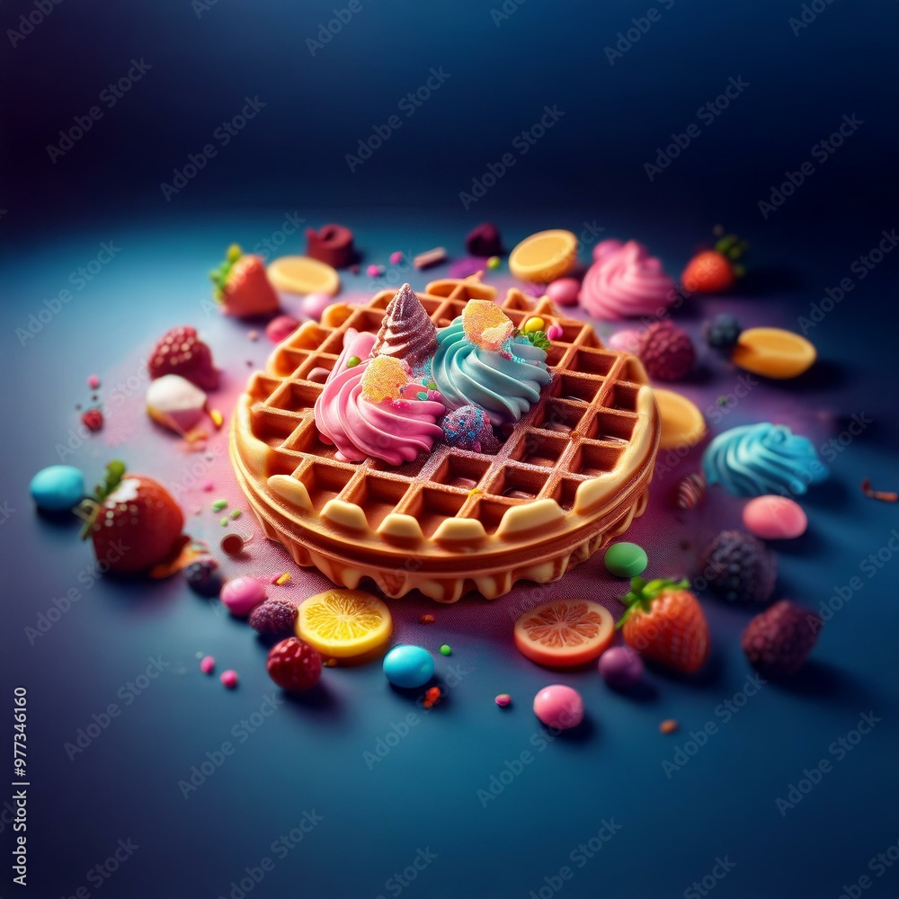 Poster A crispy waffle topped with colorful swirls of whipped cream and surrounded by fresh fruit and candy on a deep blue background.