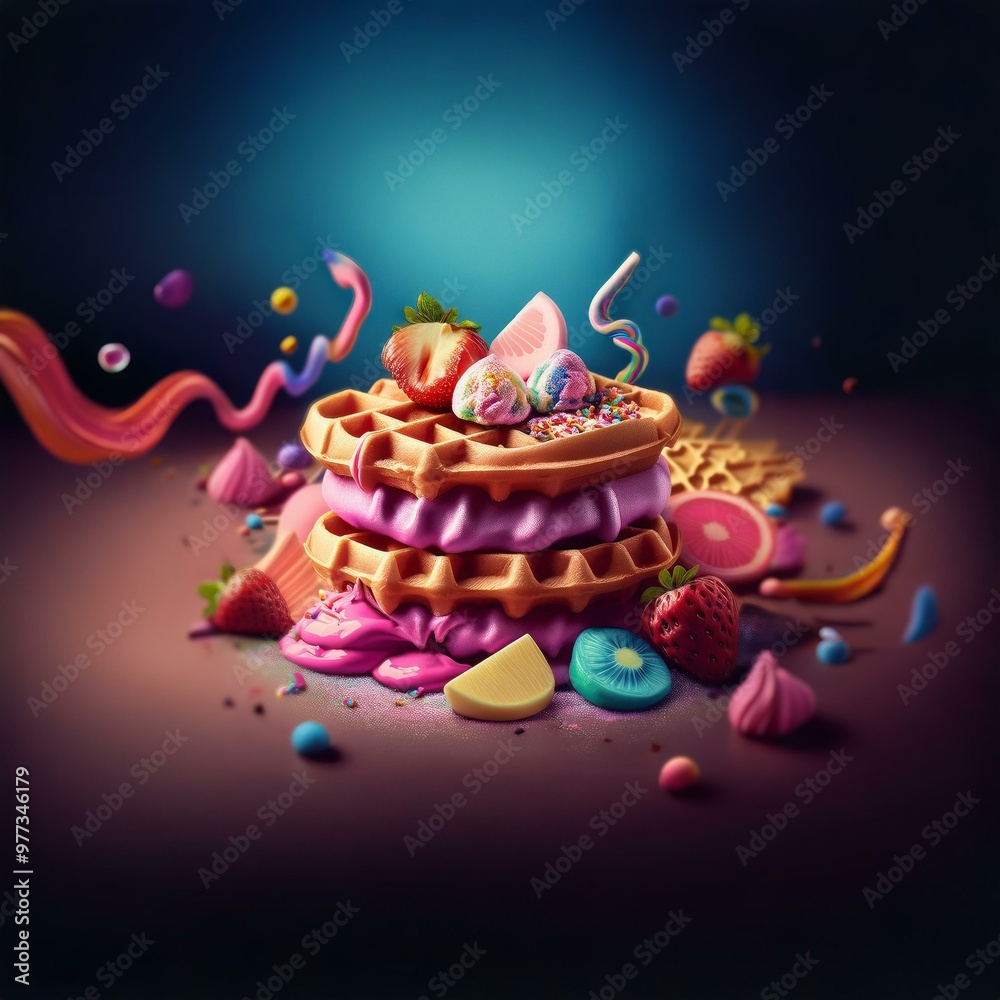 Poster A stack of waffles with a pink and blue gradient.  The waffles are topped with fruit, candy, and sprinkles.