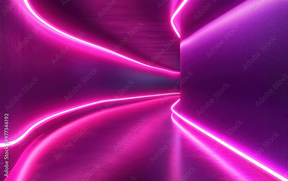 Wall mural Futuristic neon pink hallway with curved walls and glowing lights, creating an abstract, modern ambiance ideal for digital backdrops and creative projects.