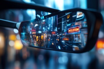 an enchanting close-up of augmented reality glasses displaying cyber monday shopping icons and virtual price tags in a futuristic cityscape