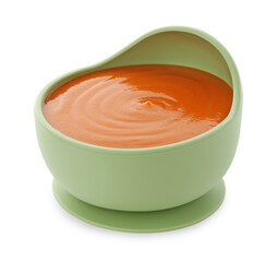 Tasty baby food in bowl isolated on white