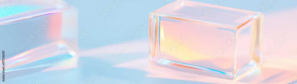 Poster abstract glass block reflecting soft pastel colors on a smooth surface, creating a calming and minim