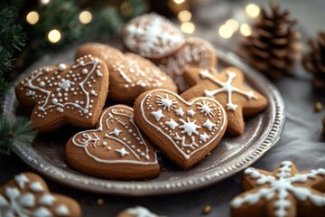 an enchanting close-up of intricately decorated german lebkuchen cookies shaped like hearts and stars, arranged on a plate with winter-themed decorations