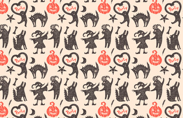 Happy Halloween party, seamless pattern. Hand drawing, vector background for the holiday.