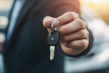 Businessman giving a car key. Getting new car concept.	