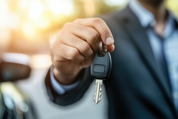 Businessman giving a car key. Getting new car concept.	