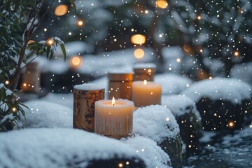 an enchanting close-up of intricately designed japanese floating candle arrangements with twinkling lights, set against a snowy garden backdrop