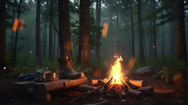 A campfire at a campsite in the middle of the forest. Seamless 4K looping timelapse video animation background