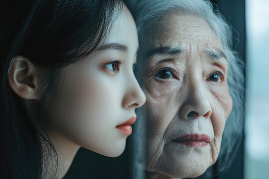 A young woman and an elderly woman gaze thoughtfully through a window, capturing the passage of time and generational contrast in stunning detail.