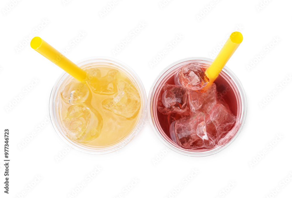 Poster Tasty bubble tea in plastic cup isolated on white, top view