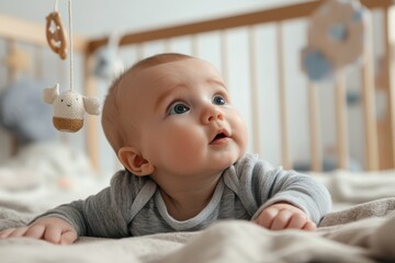 A baby in a crib, reaching out towards a hanging toy bunny, showcasing the wonder and curiosity of an infant exploring their environment for the first time.