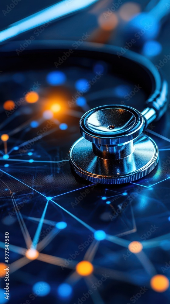 Aufkleber a close-up view of a stethoscope on a digital background, symbolizing healthcare and technology inte
