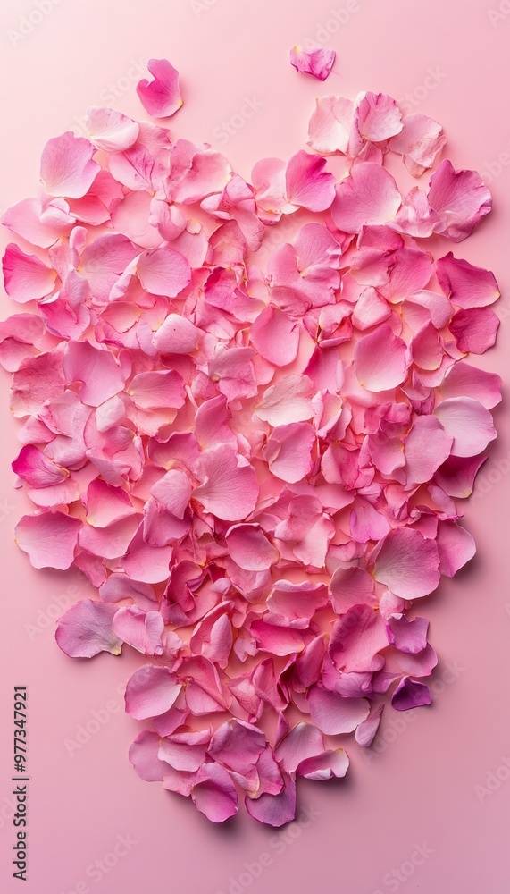 Wall mural Heart-shaped arrangement of pink rose petals on a soft background.