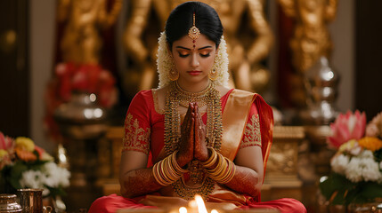 Stunning South Indian Bride in Traditional Attire: Capturing the Essence of Elegance and Cultural Richness with Beautiful Saree, Jewelry, and Bridal Makeup
