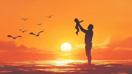 Fototapeta premium Joyful father lifting child in air at beach during sunset. Golden Hour. Illustration