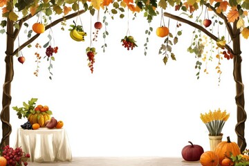an inviting sukkot scene with a sukkah decorated with hanging fruits, vegetables, and fall-themed garlands, with a lulav and etrog placed on a table illustration