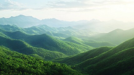 A breathtaking scenic background featuring a panoramic view of lush green mountains and a clear sky