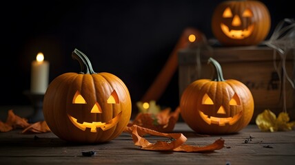 Group of pumpkins on Halloween night with candlelight