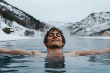 Fototapeta premium An individual relaxes in a hot spring with arms outstretched, surrounded by snow-covered mountains and mist, showcasing the allure of natural open-air baths in a cold climate.